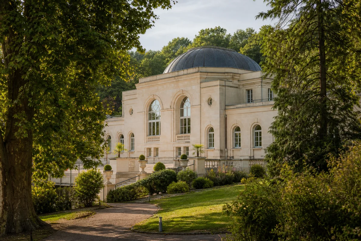Bâtiment thermal en pierre claire entouré de verdure sous une lumière douce