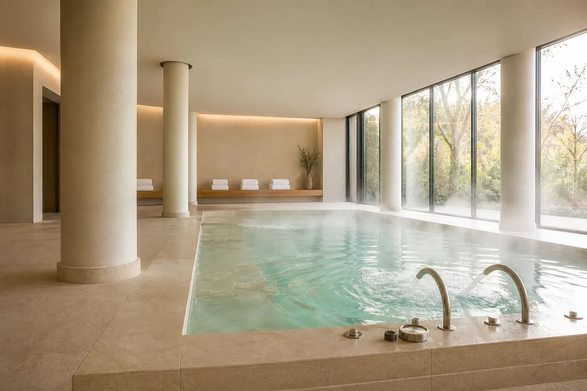 Bassin thermal intérieur d’un établissement français avec eau chaude fumante et margelle en pierre claire