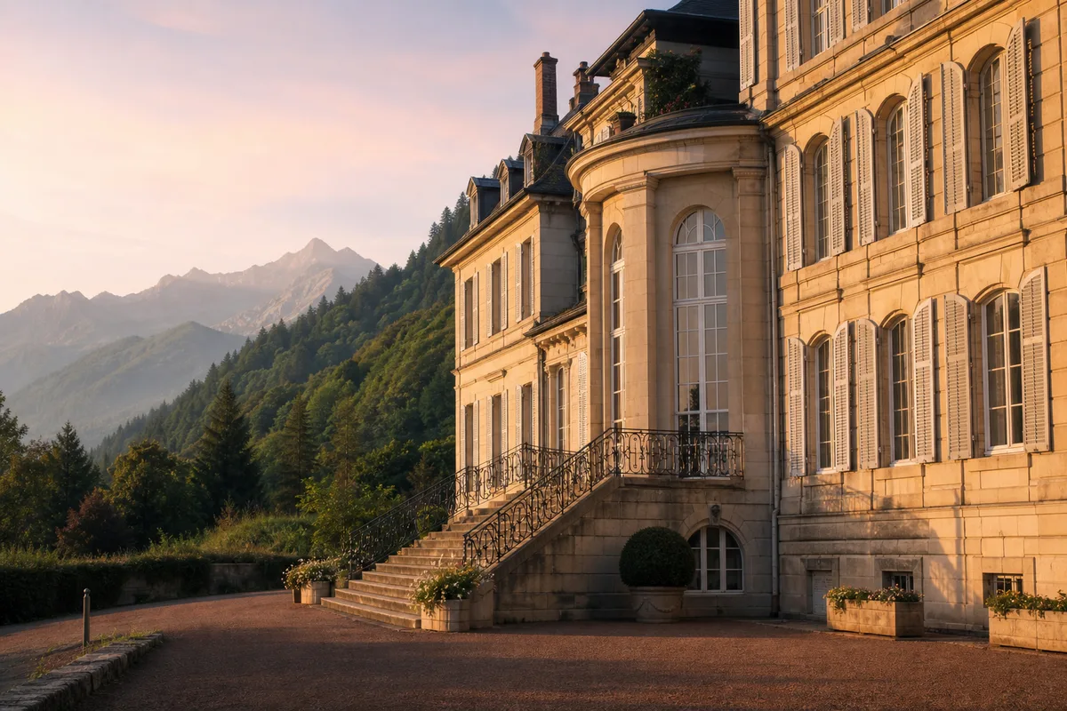 Vue extérieure d’une station thermale française en montagne, façade en pierre et volets clairs, lumière de fin d’après-midi